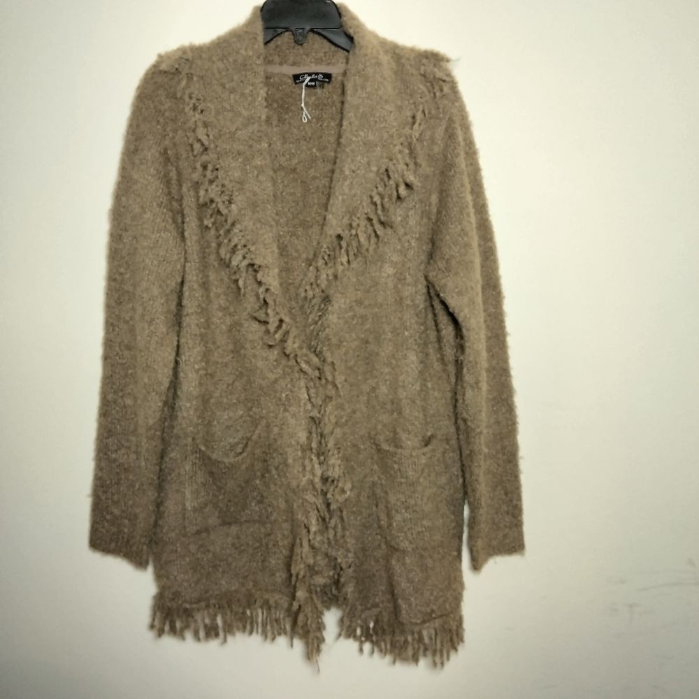 Charlie B - Boucle Cardigan with Fringed Shaw Neck